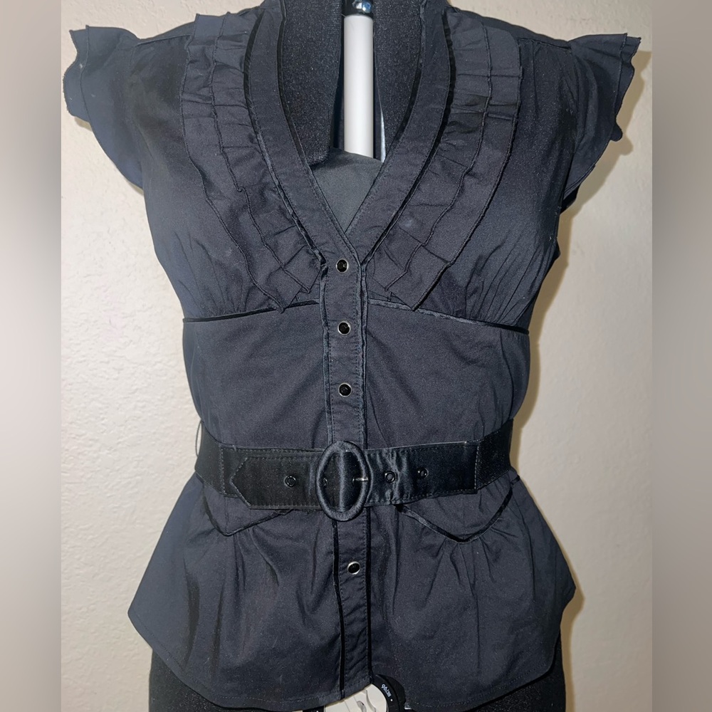 BEBE Black Ruffle Blouse – Size Large